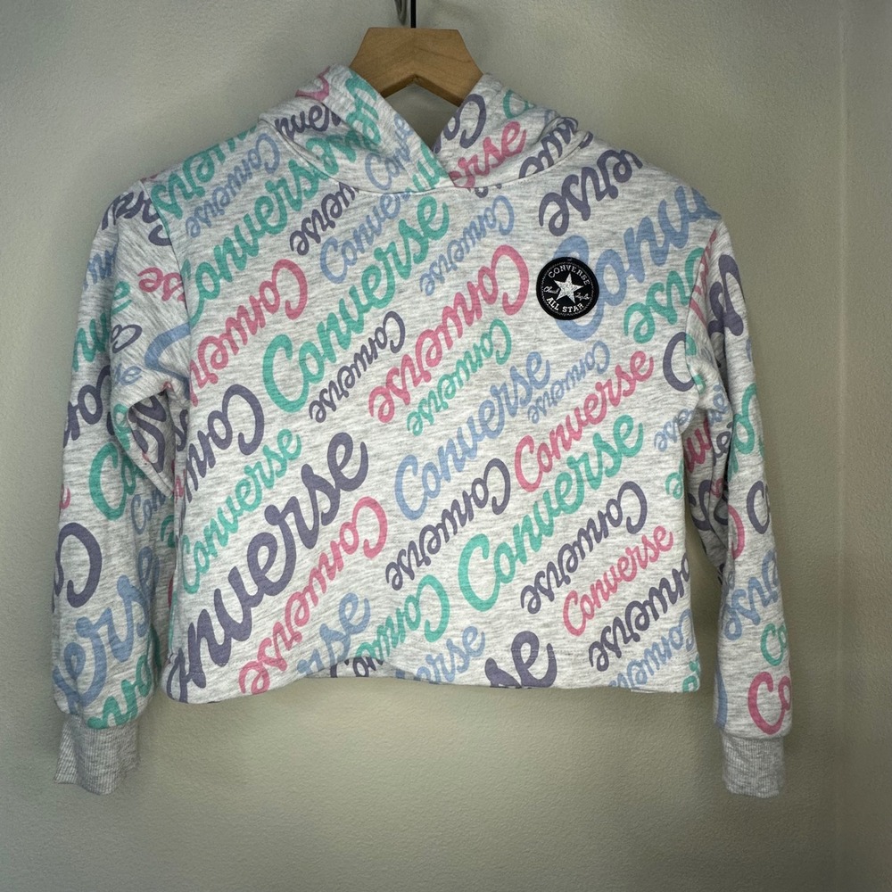 Kids Converse All Star Hoodie Pullover Gray Multi Color Logo Print‎ Size S